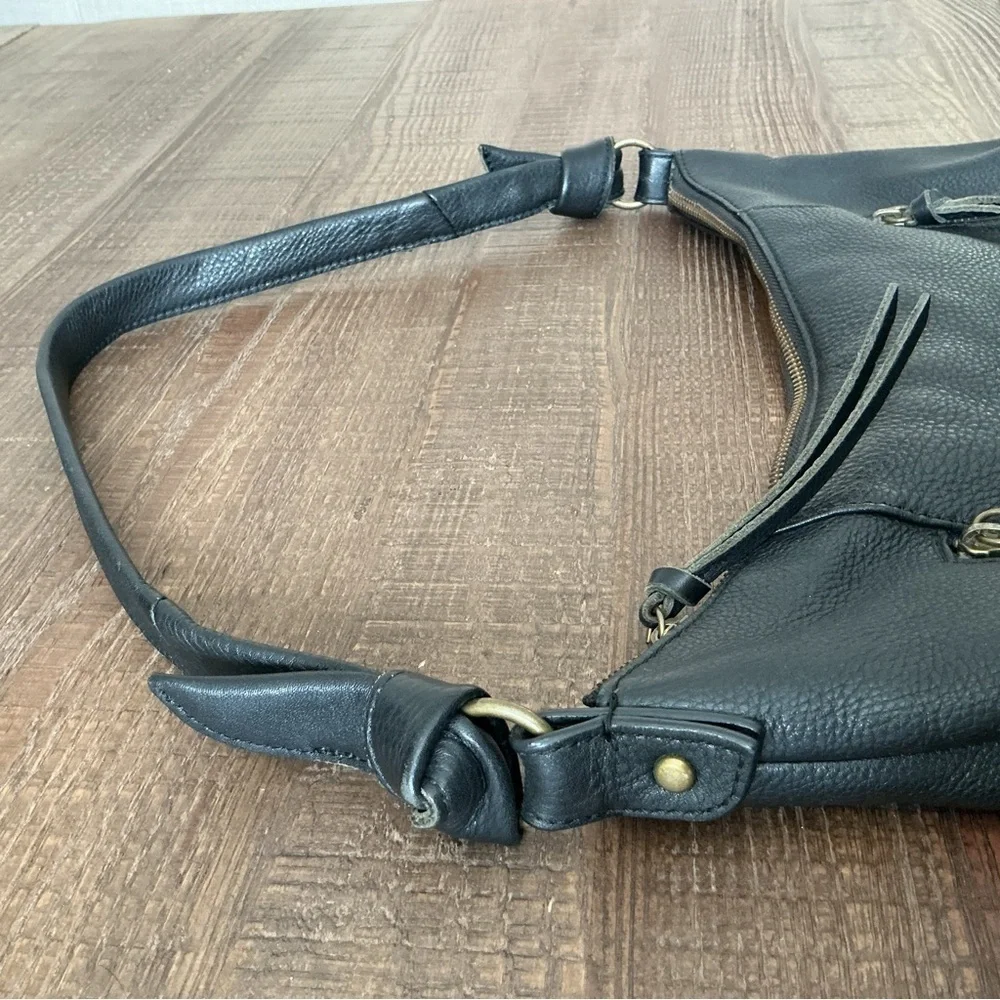 Elliot Lucca Black Leather Raw Edges Front Zippers Tie Handle Shoulder Bag Purse